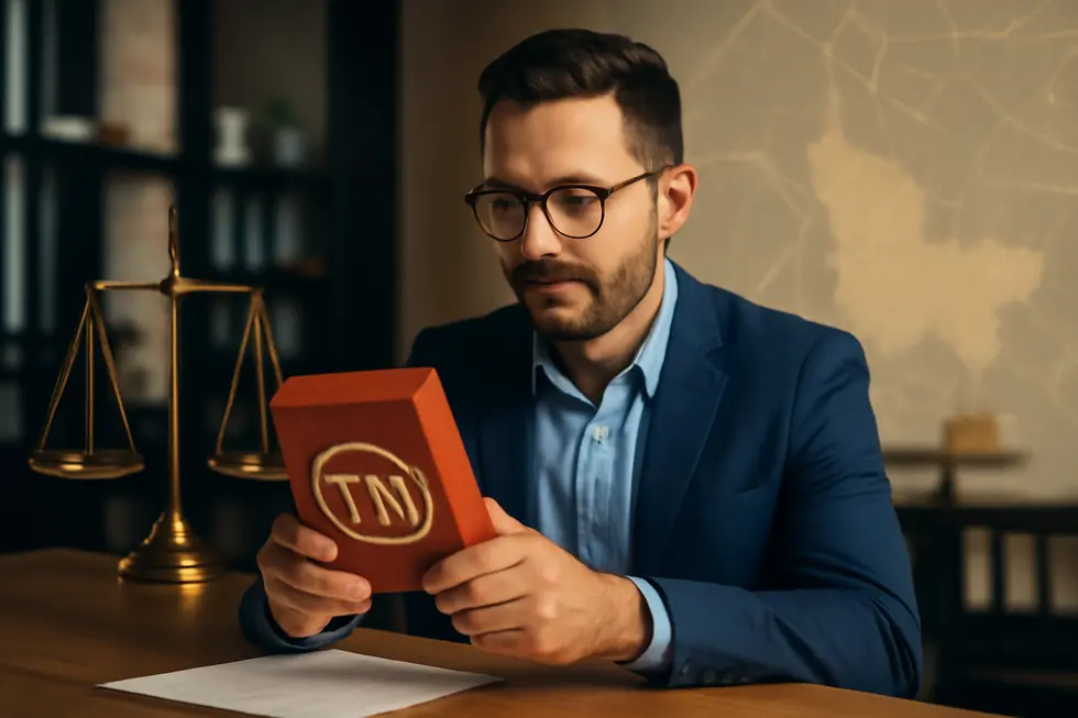 Business owner holding product with prominent trademark, with legal scales and geographic map overlays symbolizing trademark rights and consumer protection