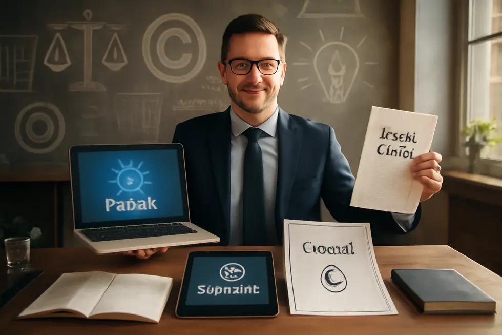 Business owner showcasing documents and digital icons representing patents, trademarks, copyrights, and trade secrets in an office environment.