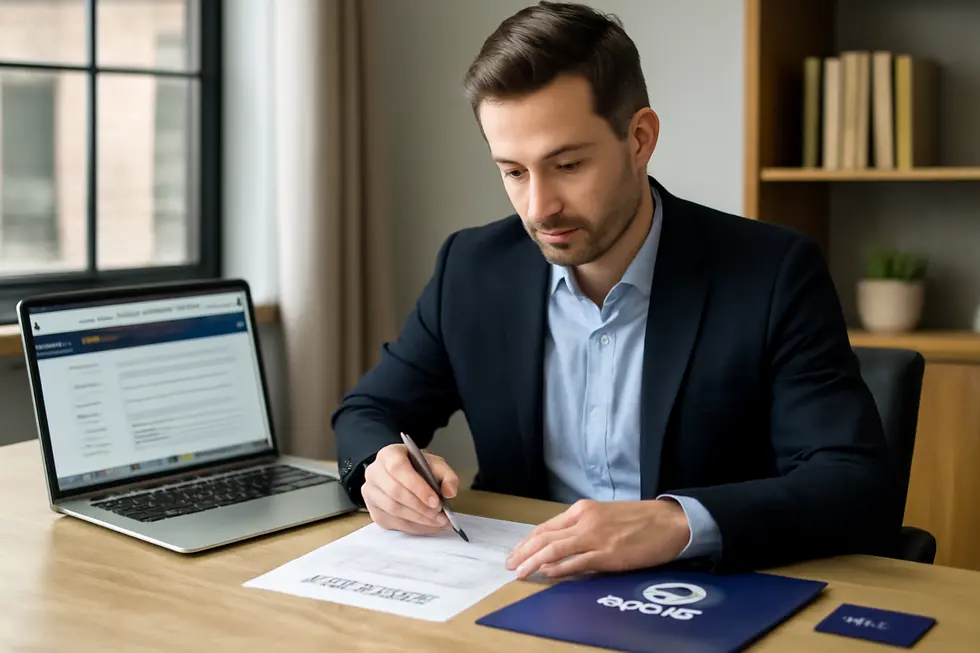 Business owner signing trademark registration documents with USPTO website visible on a laptop, showing brand protection efforts.
