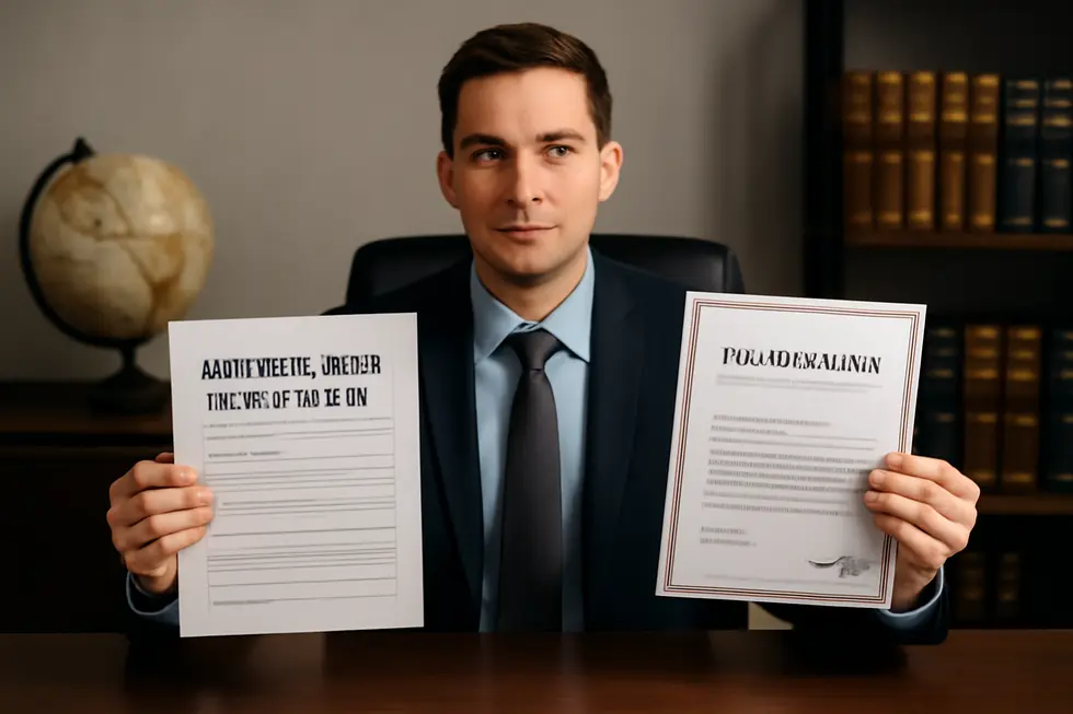 Entrepreneur holding company name registration and trademark certificates with a globe and legal books in the background.