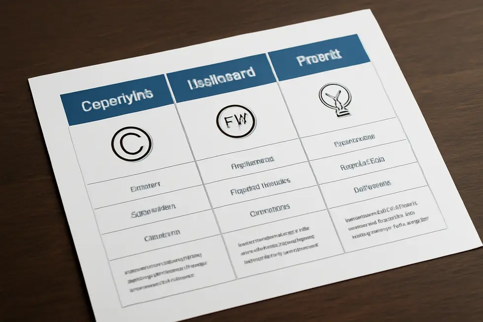 Visual representation depicting the fundamental differences and core protections of copyright, trademark, and patent in a business context.