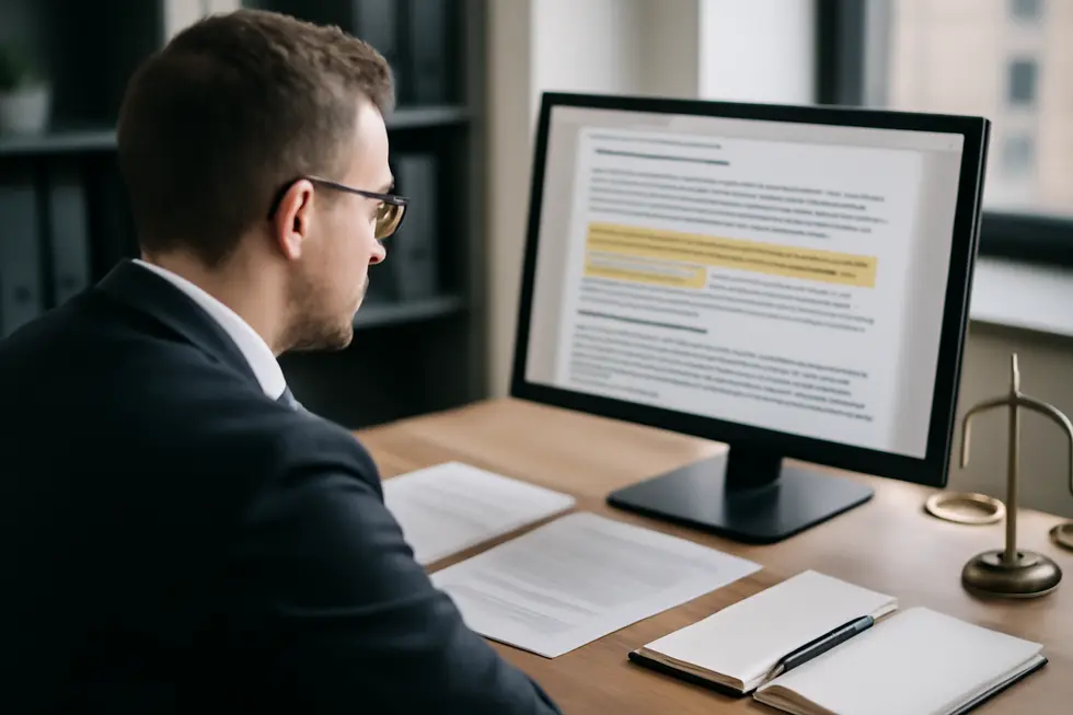Business professional analyzing contract language highlighting the copyright status of agreements.