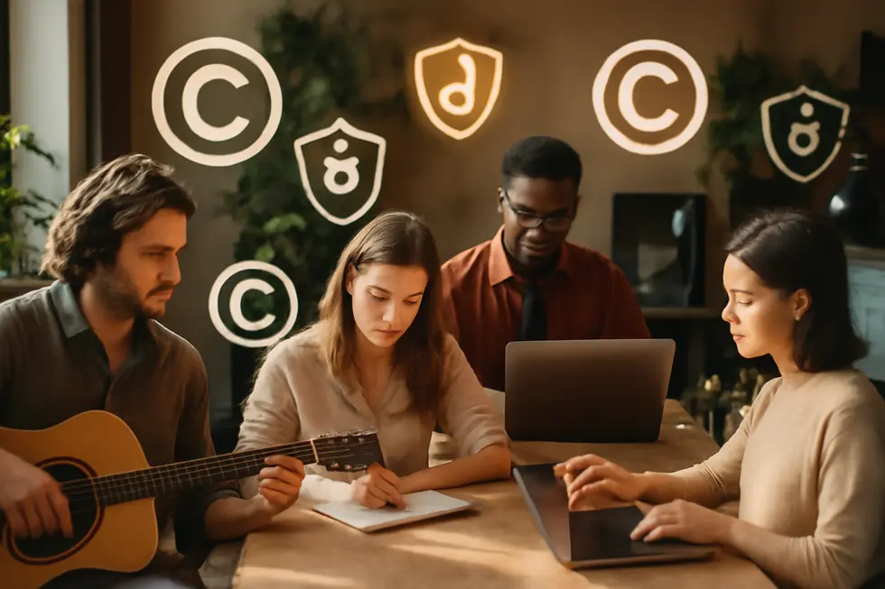 Professional creative environment with business owners and copyright protection symbols representing legal safeguarding of original works.