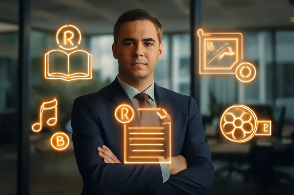 Business owner at desk with creative works and legal copyright document symbolizing protection and rights.