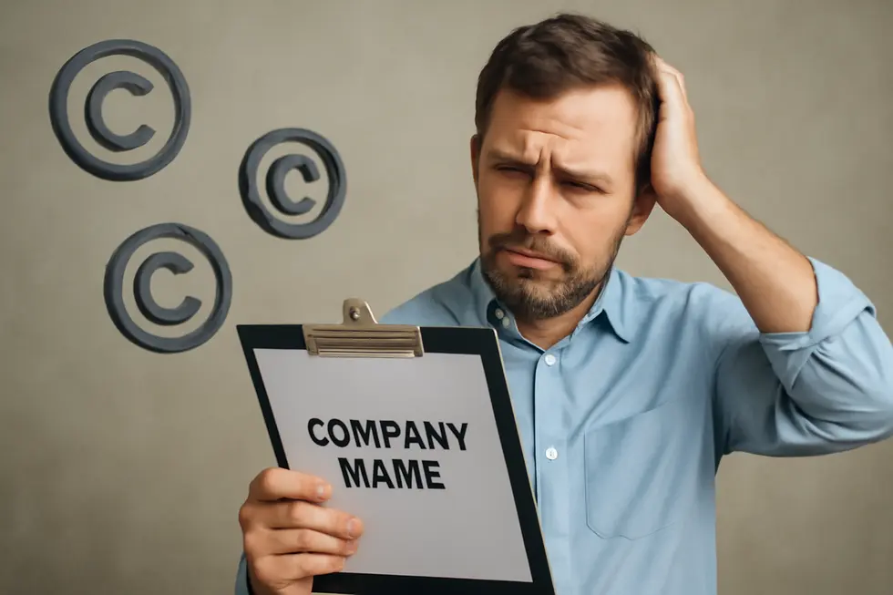 A business owner contemplating legal protection options for their company name, highlighting common misunderstandings about copyright.
