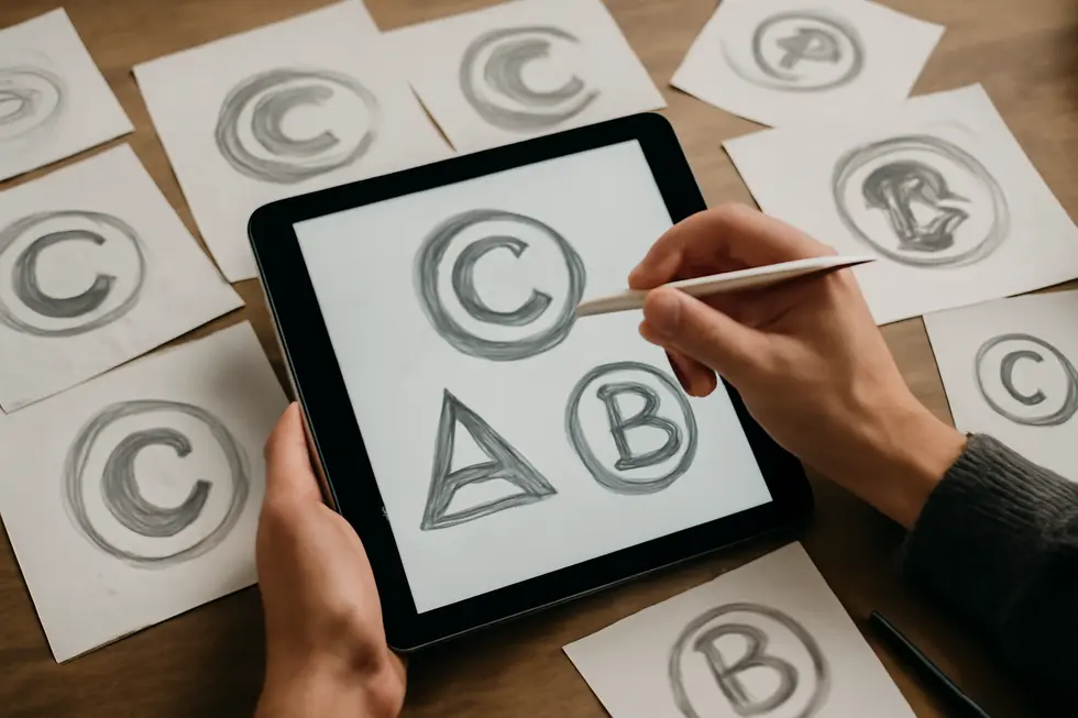 A business owner reviewing trademark certificates representing protection of brand names and logos.
