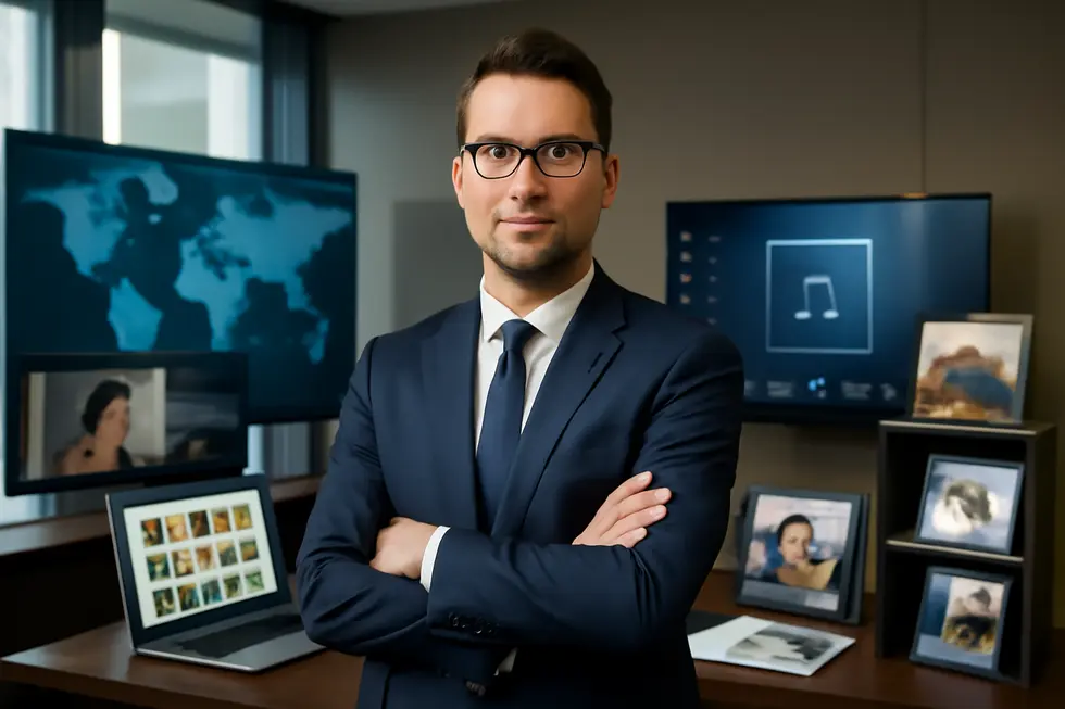Confident business owner in a modern office managing copyright distribution of creative works across digital and physical platforms.