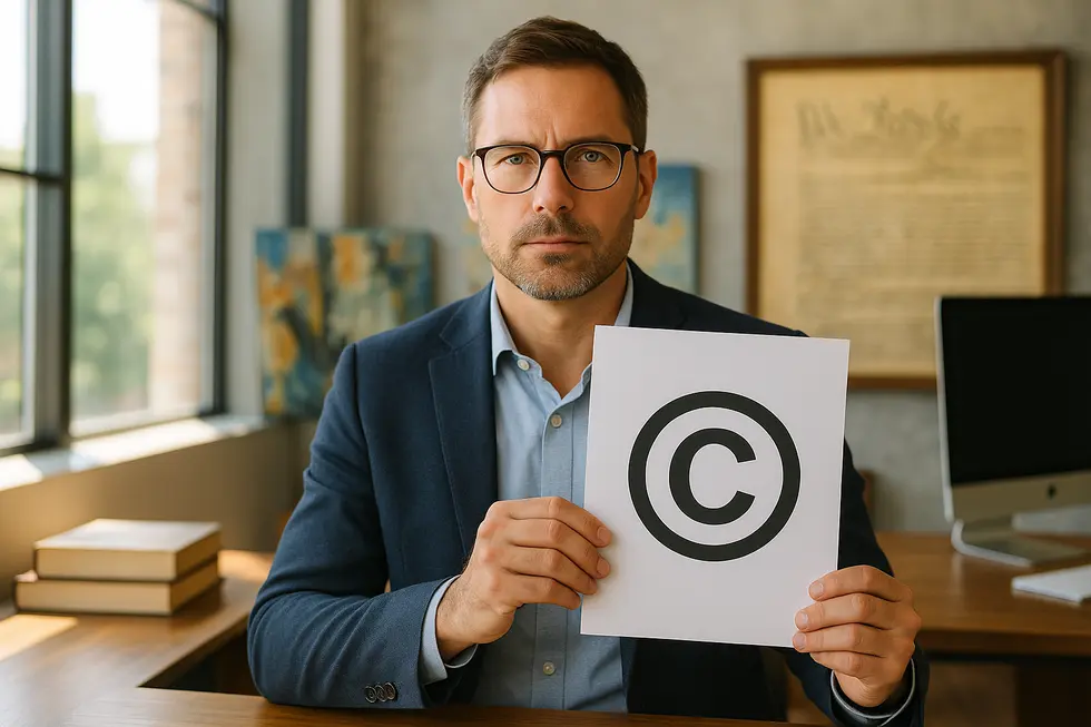 A business owner reviewing copyrighted works with legal texts, symbolizing the evolution of copyright law.