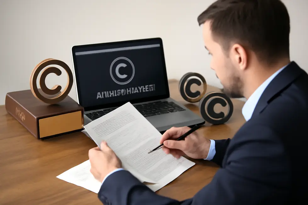 Business owner reviewing copyright protections emphasizing legal control in an all rights reserved website.