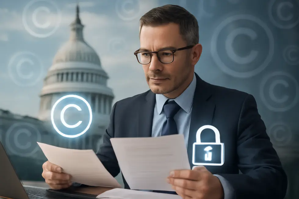 Photo-realistic image of a business person examining legal documents with U.S. Capitol and copyright icons in the background.