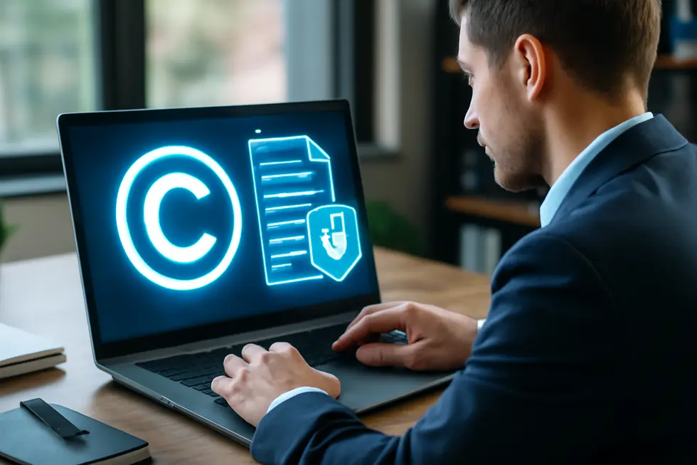 Business owner in a modern office viewing website copyright symbols and legal document icons on a laptop screen.