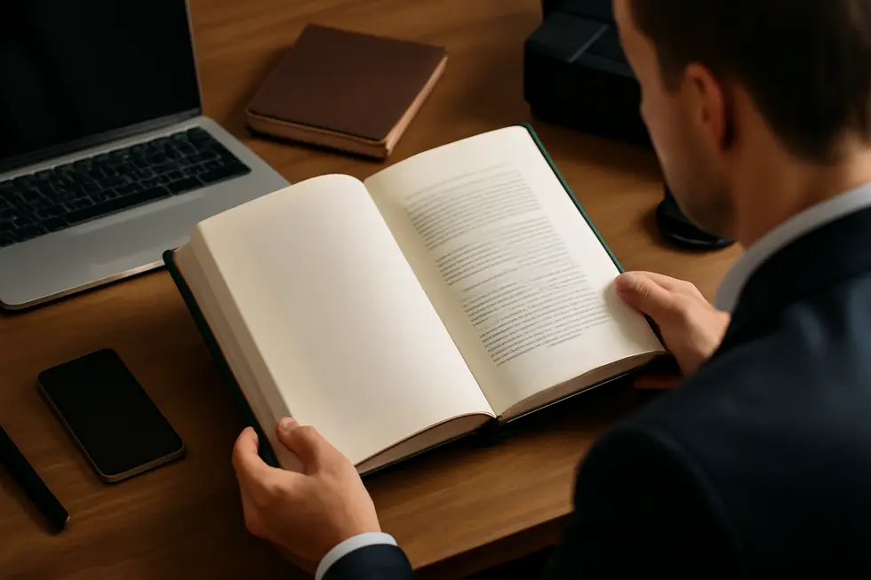 Open book on a desk showing a clear copyright page with a business owner in background using publishing tools and a laptop.