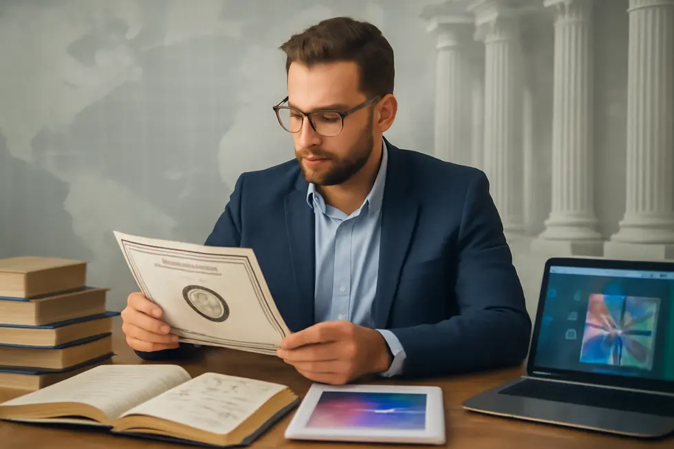 Business owner at desk with copyright certificates, creative works, courthouse pillars, and global connectivity overlay representing comprehensive copyright benefits