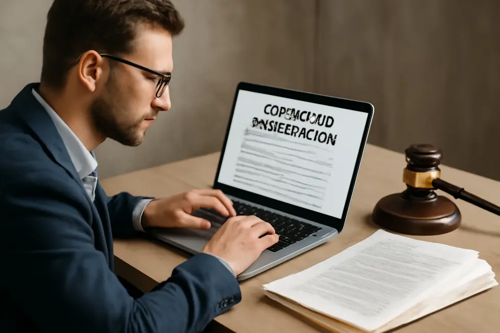 A business owner reviewing copyright registration documents to secure legal rights for creative works.