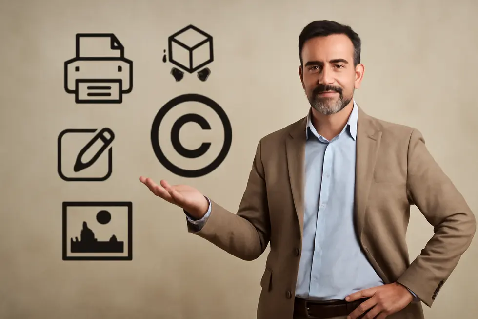 Business owners consulting copyright law in a professional setting.