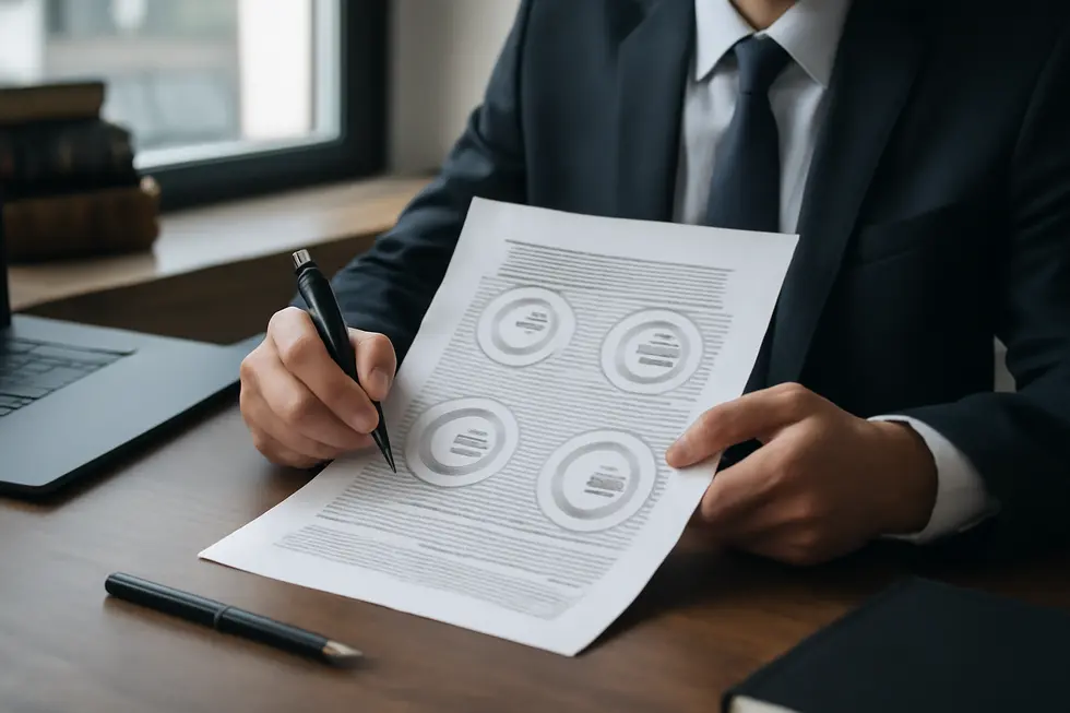 Business professional analyzing contract language highlighting the copyright status of agreements.