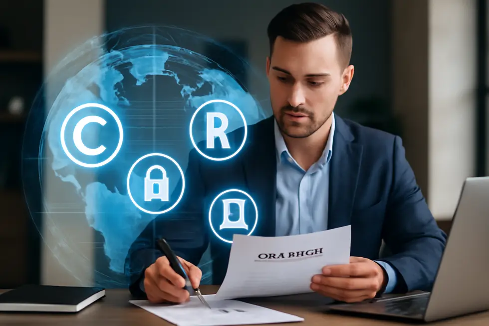 Business professional at a desk reviewing copyright documents with a digital globe symbolizing worldwide copyright laws.