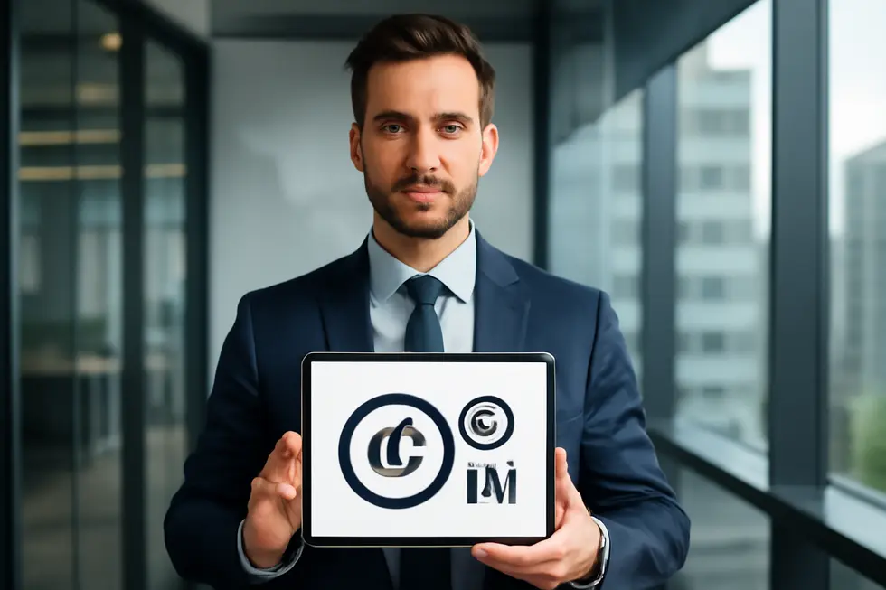 Confident business owner holding tablet that displays logo alongside copyright and trademark symbols in an office environment.