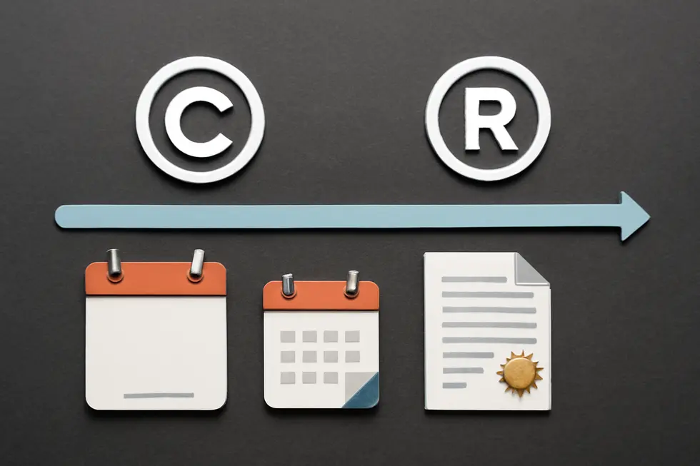 Visual comparison of copyrighted creative works versus trademarked brand identifiers.