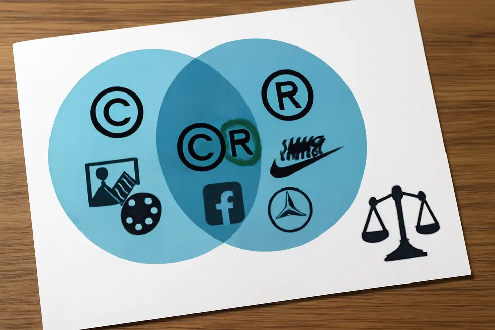 Visual comparison of copyrighted creative works versus trademarked brand identifiers.