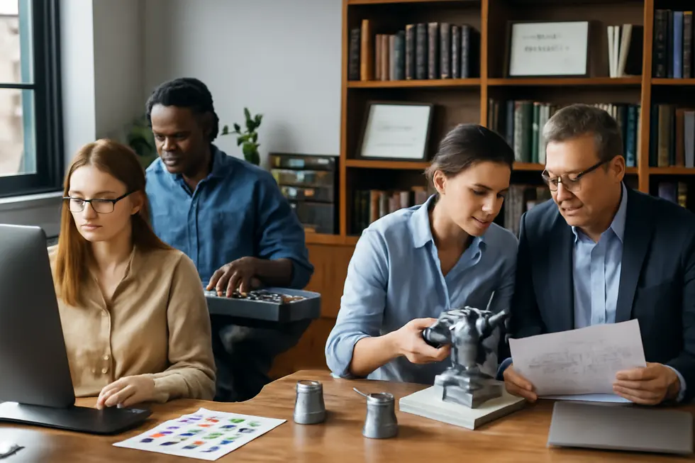 Business office with creative professionals and inventors working side-by-side with legal documents reflecting copyright and patent protections.