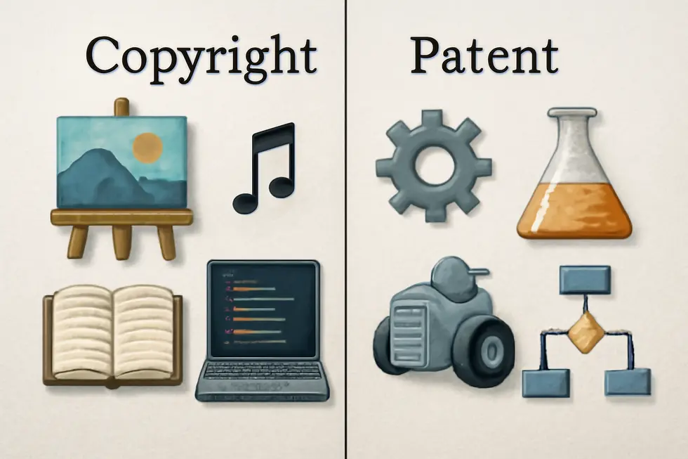 An illustrative contrast between copyright’s creative expression and patent’s technical inventions.