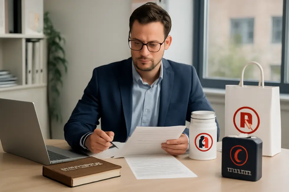 Photo-realistic image of a business owner reviewing creative works and branded products alongside legal documents related to copyright and trademark protection.