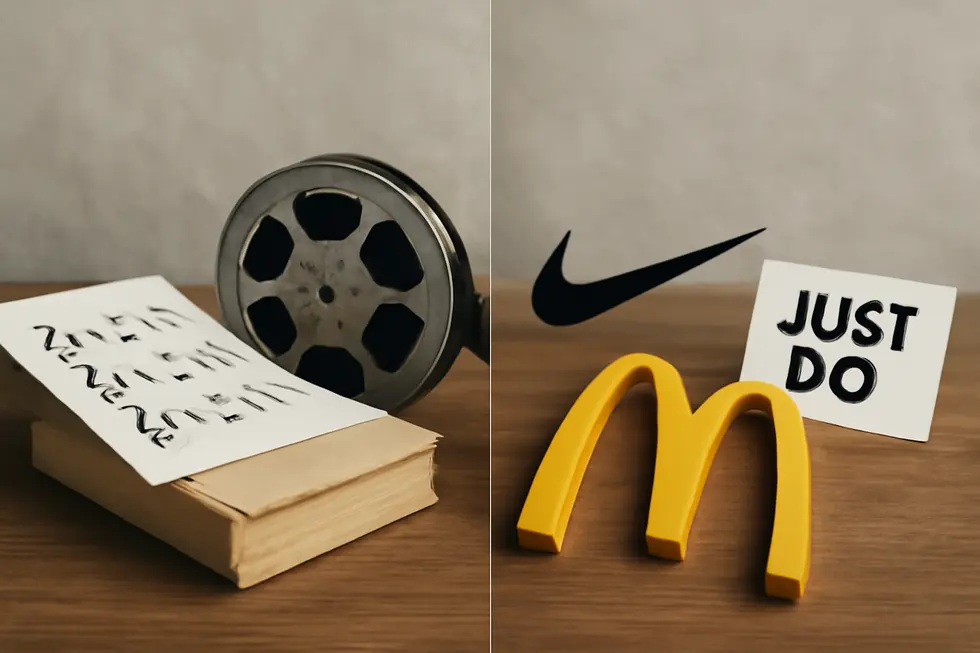 Visual comparison of copyrighted creative works versus trademarked brand identifiers.