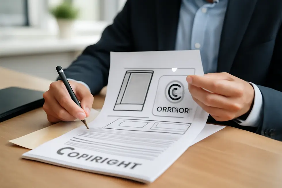 A businessperson examines copyright documents highlighting that titles are not protected under copyright law.