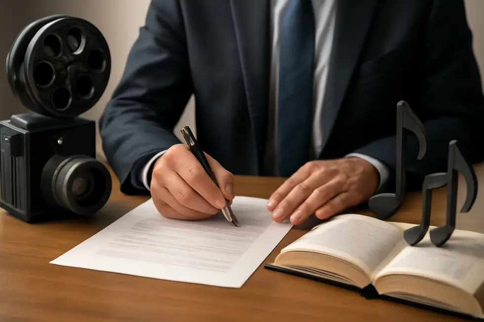 Business owner reviewing legal documents among books, movies, and songs representing copyright law foundations.
