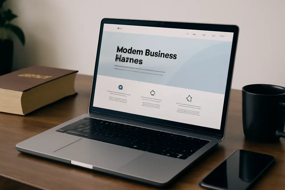Laptop showing business website homepage with copyright message visible at the bottom, surrounded by office items.