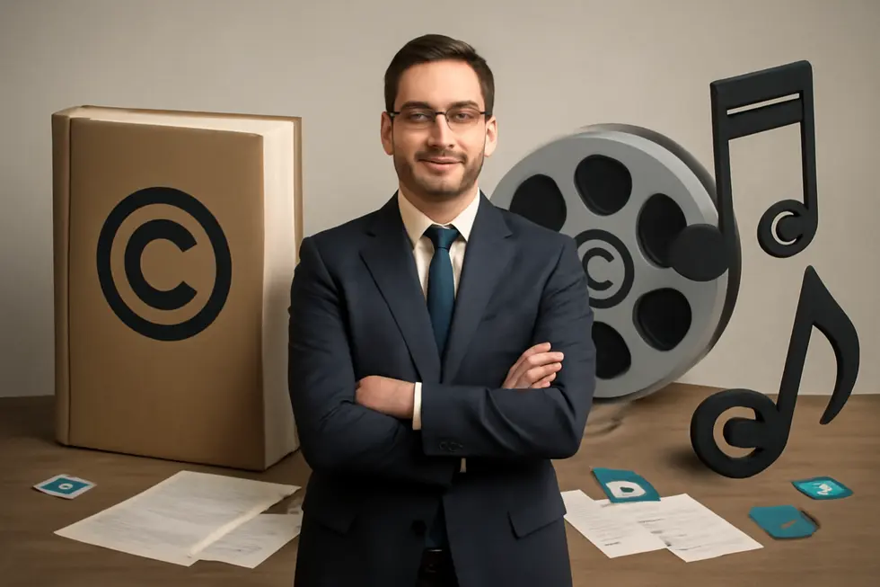A businessperson surrounded by symbols of book, movie reel, musical notes, and legal documents in a photo-realistic composition.