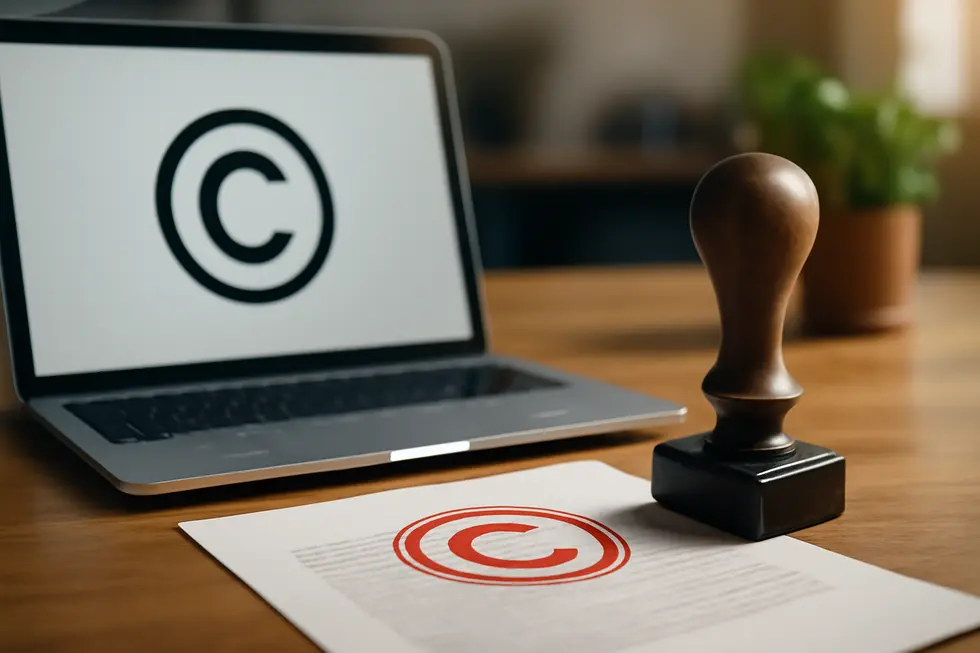 Close-up of a copyright stamp imprint on a document beside a laptop screen featuring the © symbol in a modern business setting.