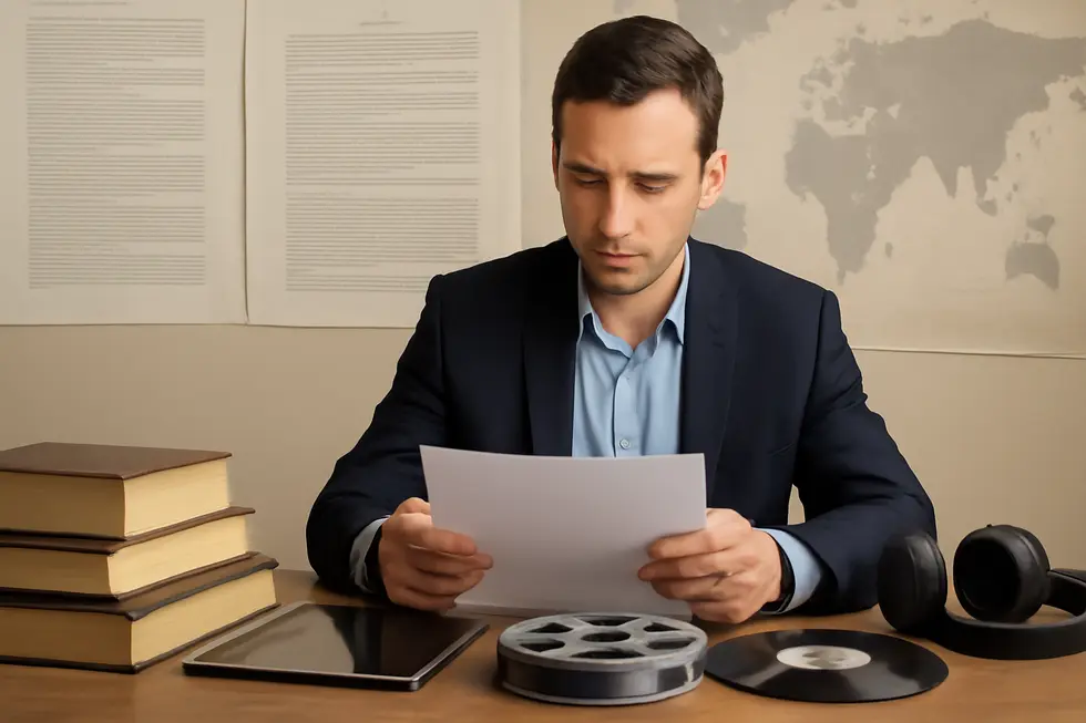 Business professional reviewing books, music records, film reels, and digital files against legal papers and world map backdrop.