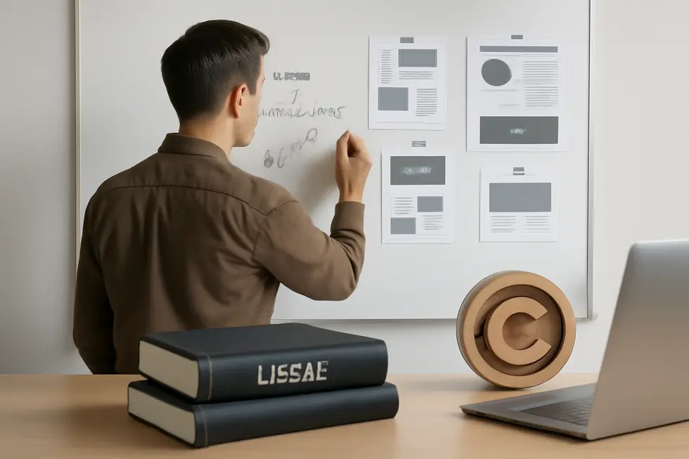 A business owner reviewing copyright registration documents to secure legal rights for creative works.