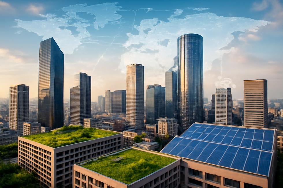 Corporate cityscape with green infrastructure and global connectivity visuals symbolizing corporate co's sustainable and responsible business practices.