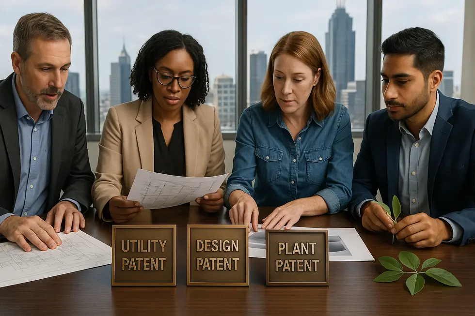 Business professionals collaborating over patent documents—utility, design, and plant—against a backdrop of city innovation.
