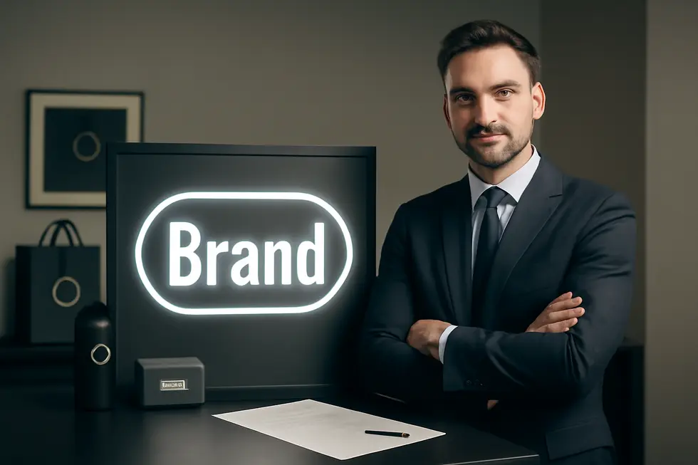 Confident business owner next to illuminated brand trade name sign with logos, packaging, and legal documents in the background.