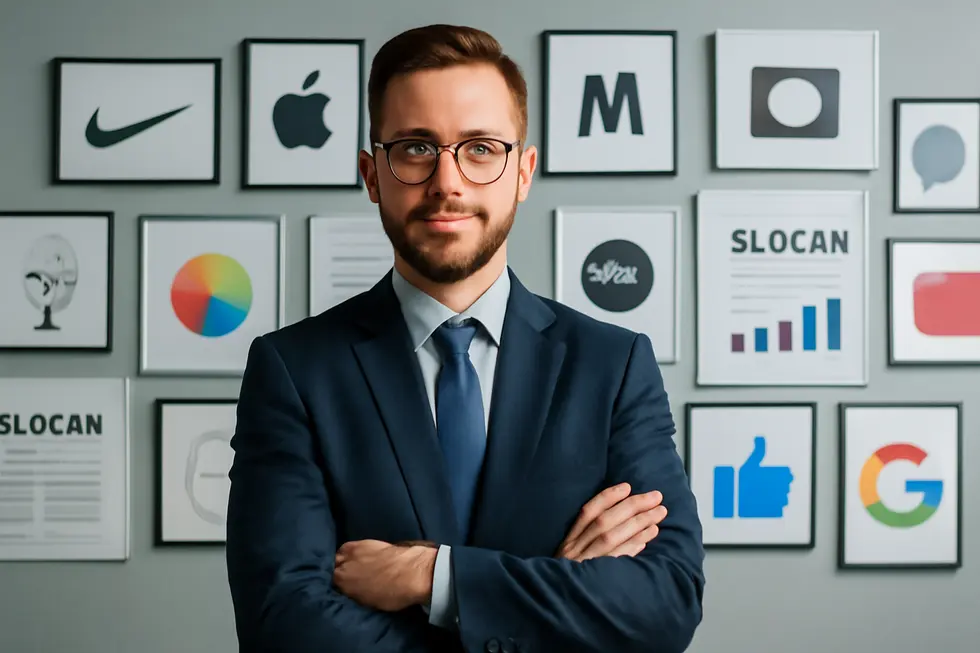 Photo-realistic image of a business owner in front of a wall featuring trademarked slogans and logos.