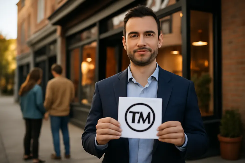 Business owner holding a TM trademark sign in front of a local business storefront, representing common law trademark rights protection.
