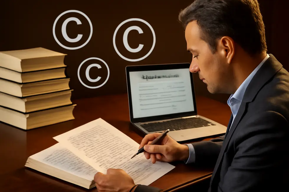 Business owner at desk with manuscript, published books, copyright symbols, and copyright registration form on laptop.