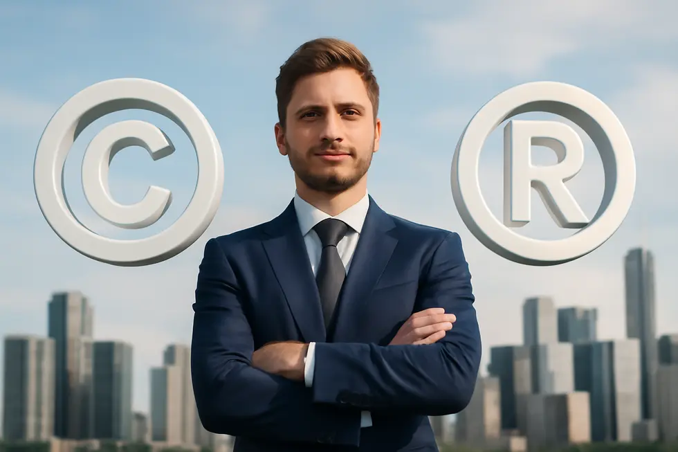 Business owner standing between large copyright and registered trademark symbols with a city skyline behind, representing IP protection.