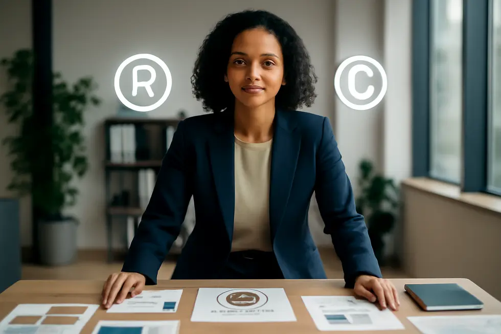 Business owner with brand materials and floating trademark and copyright symbols in office.