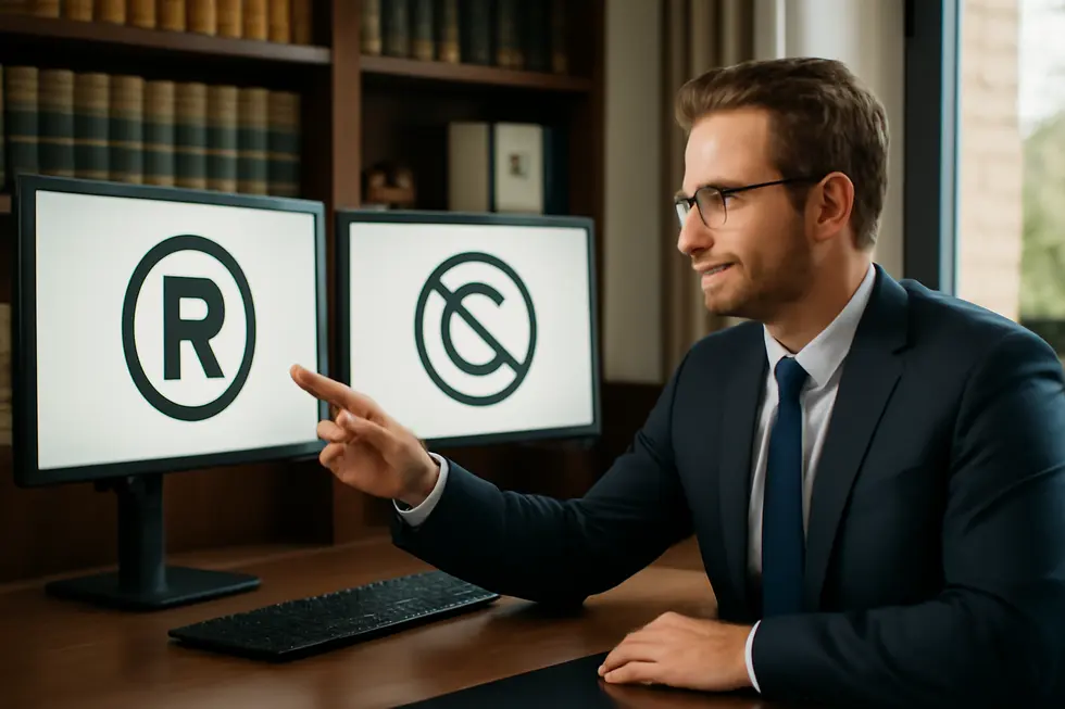 Business owner pointing to trademark approval on a screen with copyright symbol crossed out, illustrating phrase protection.