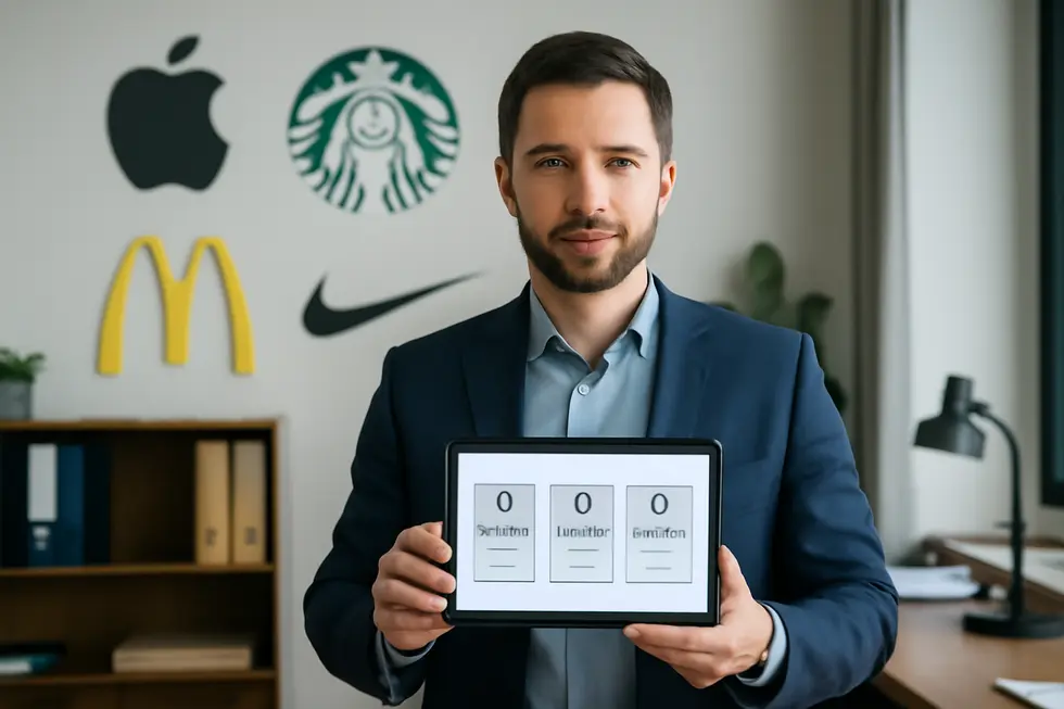 Business owner holding a tablet showing trademarked slogans with iconic brand logos and an office environment.