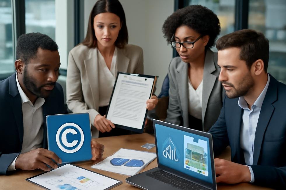 Diverse business professionals collaborating with digital and legal copyright materials in a modern office.