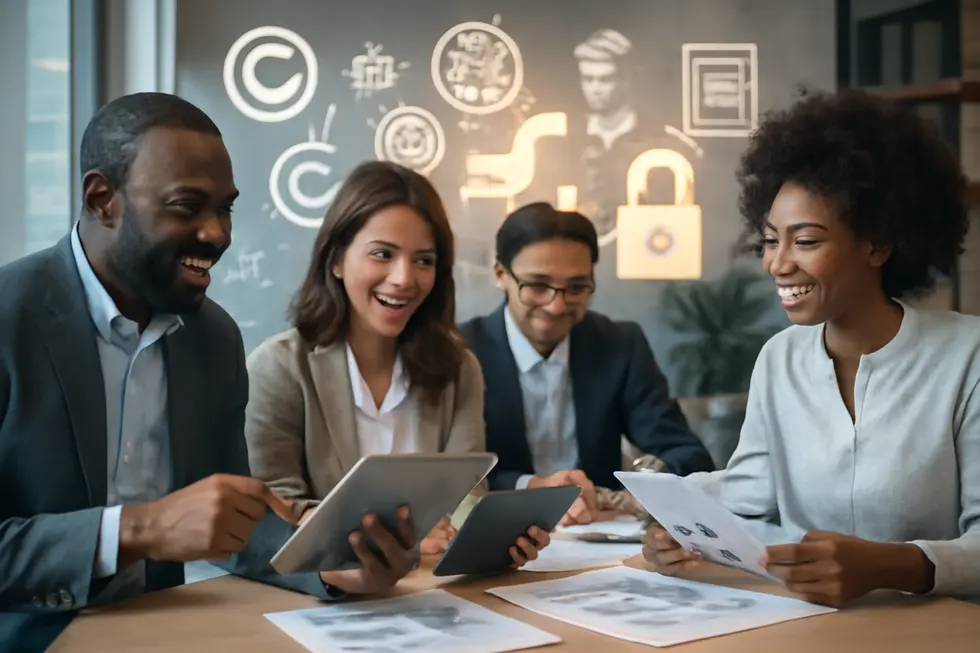 Office scene of businesspeople collaborating with copyright and public domain symbolic imagery representing content transition.