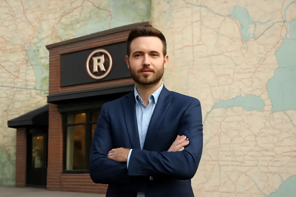 A business owner standing in front of a store with trademark signage, alongside layered maps depicting regional and national trademark protection areas.