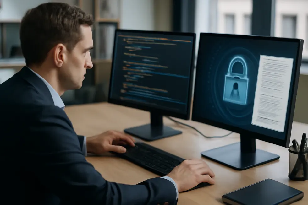 Business owner at office with dual monitors displaying software code and digital security overlay representing computer copyright protection.