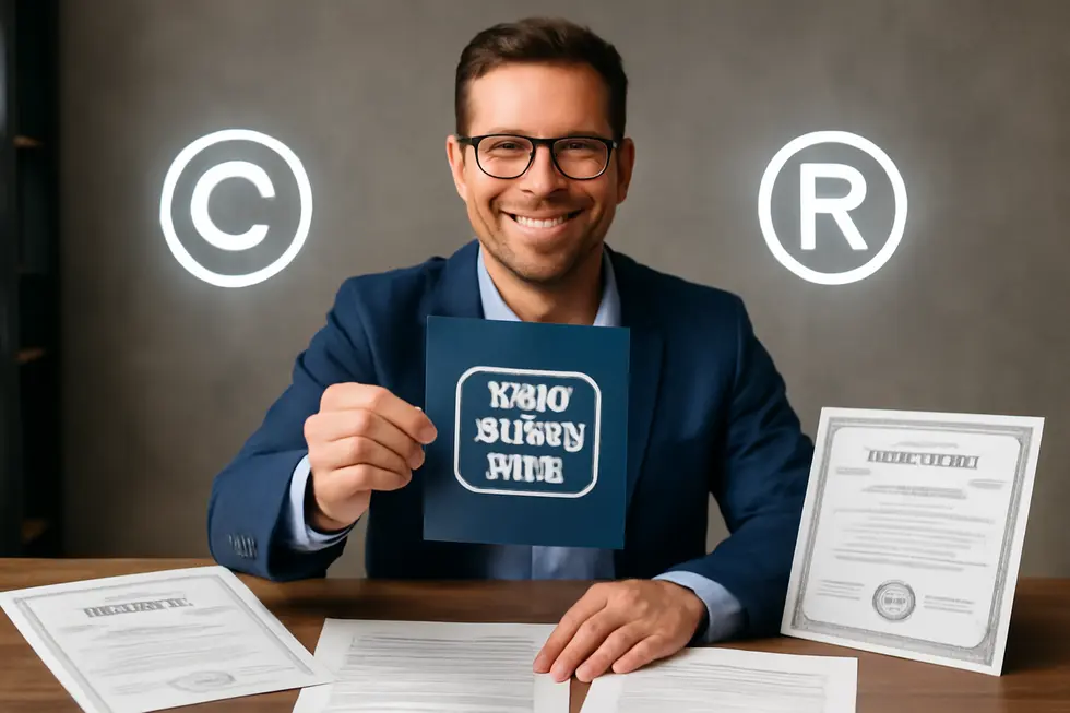 Business owner presenting a product with a unique slogan alongside trademark certificates and copyright-related legal documents.